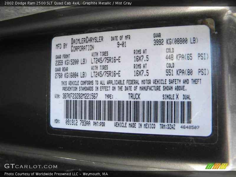 2002 Ram 2500 SLT Quad Cab 4x4 Graphite Metallic Color Code PDR