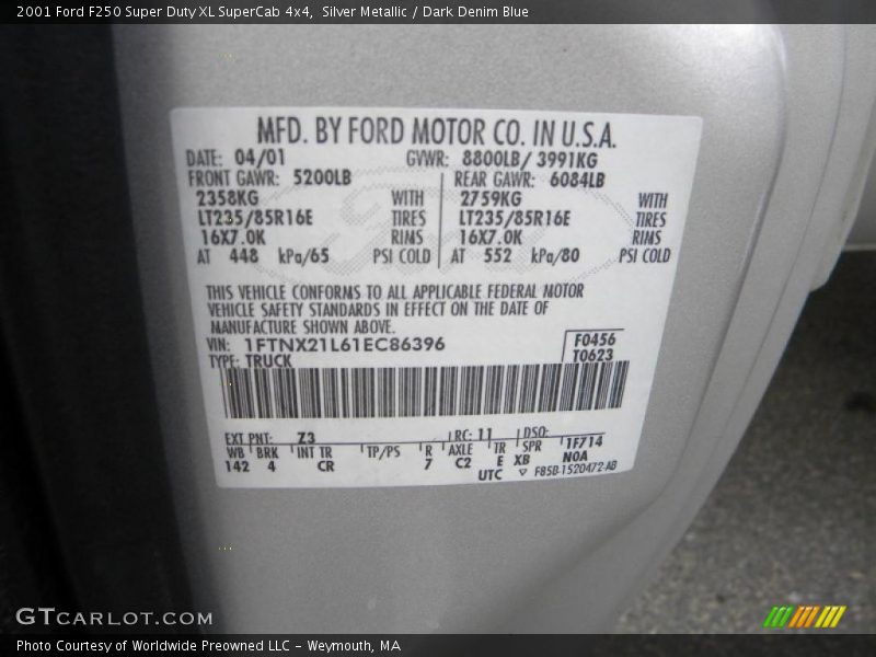 2001 F250 Super Duty XL SuperCab 4x4 Silver Metallic Color Code Z3