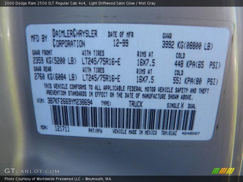 Light Driftwood Satin Glow / Mist Gray 2000 Dodge Ram 2500 SLT Regular Cab 4x4