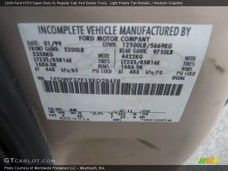1999 F350 Super Duty XL Regular Cab 4x4 Dump Truck Light Prairie Tan Metallic Color Code BM