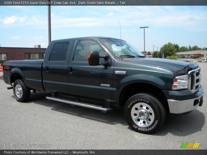 Dark Green Satin Metallic / Tan 2005 Ford F250 Super Duty XLT Crew Cab 4x4