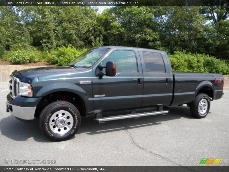 Dark Green Satin Metallic / Tan 2005 Ford F250 Super Duty XLT Crew Cab 4x4