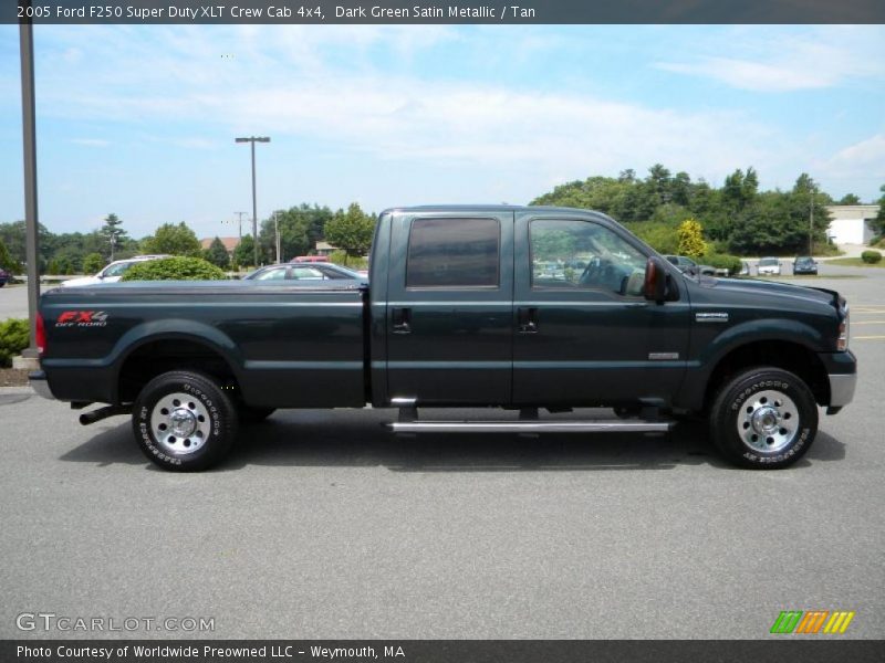 Dark Green Satin Metallic / Tan 2005 Ford F250 Super Duty XLT Crew Cab 4x4