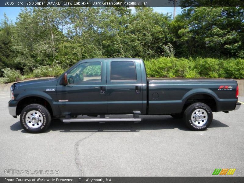 Dark Green Satin Metallic / Tan 2005 Ford F250 Super Duty XLT Crew Cab 4x4