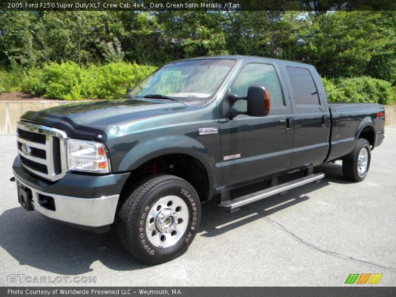 Dark Green Satin Metallic / Tan 2005 Ford F250 Super Duty XLT Crew Cab 4x4