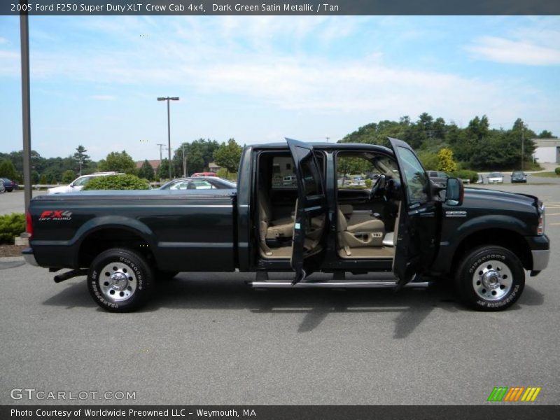 Dark Green Satin Metallic / Tan 2005 Ford F250 Super Duty XLT Crew Cab 4x4