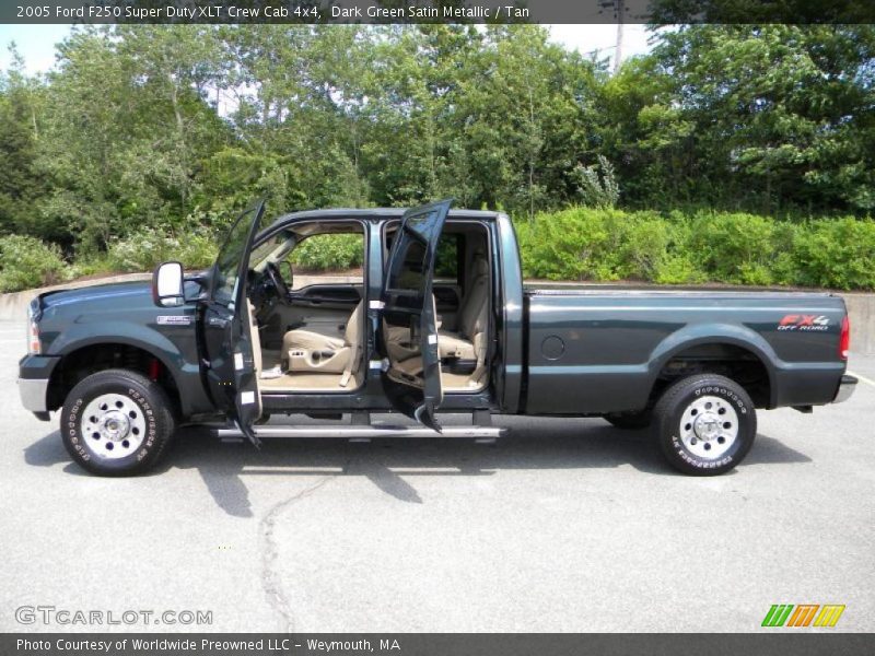 Dark Green Satin Metallic / Tan 2005 Ford F250 Super Duty XLT Crew Cab 4x4