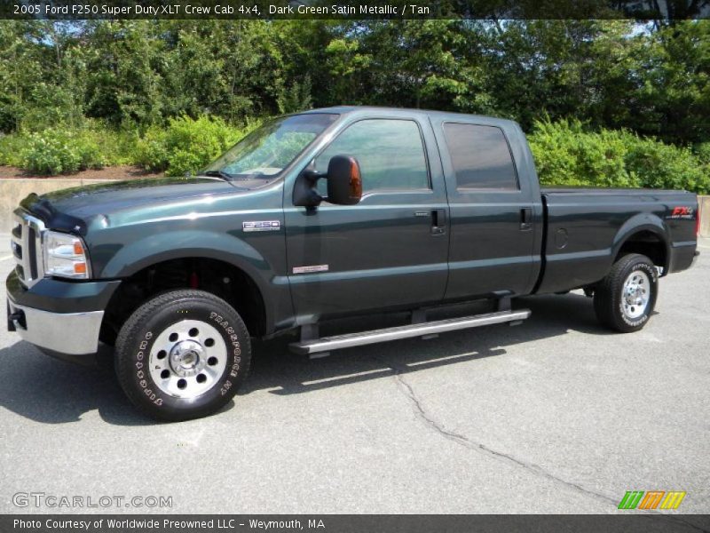 Dark Green Satin Metallic / Tan 2005 Ford F250 Super Duty XLT Crew Cab 4x4