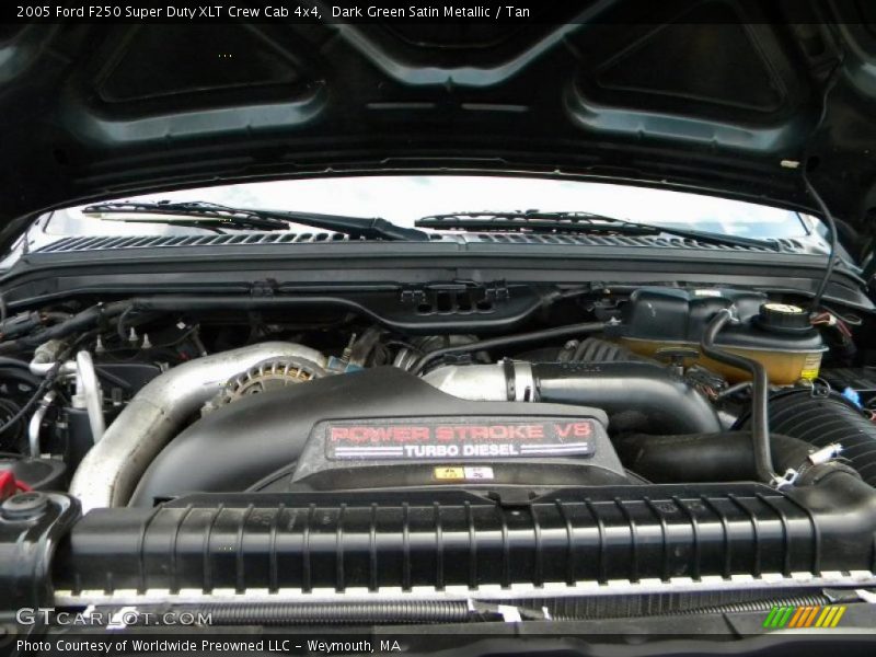Dark Green Satin Metallic / Tan 2005 Ford F250 Super Duty XLT Crew Cab 4x4