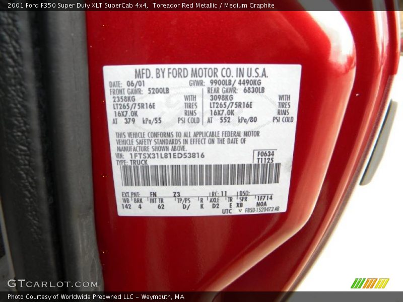 Toreador Red Metallic / Medium Graphite 2001 Ford F350 Super Duty XLT SuperCab 4x4