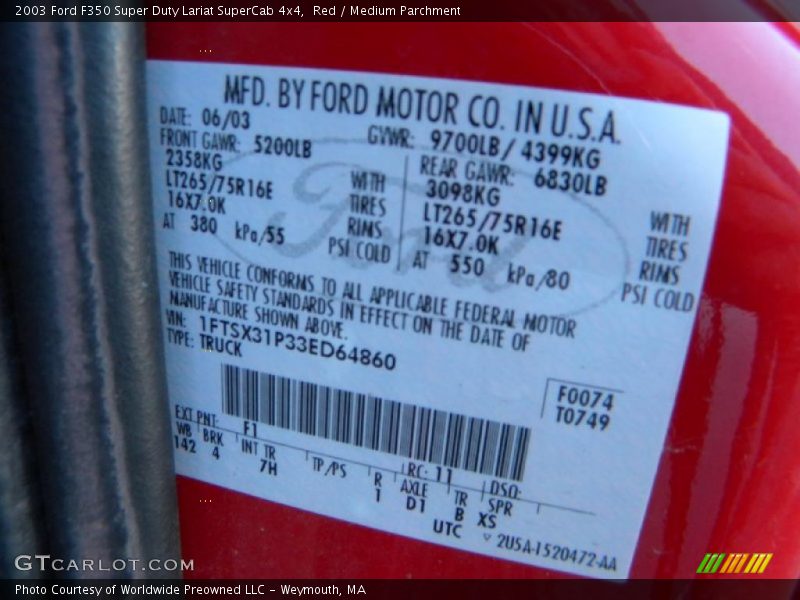 Red / Medium Parchment 2003 Ford F350 Super Duty Lariat SuperCab 4x4