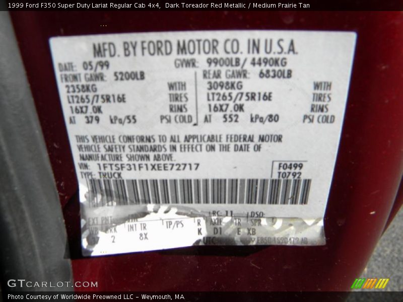 Dark Toreador Red Metallic / Medium Prairie Tan 1999 Ford F350 Super Duty Lariat Regular Cab 4x4