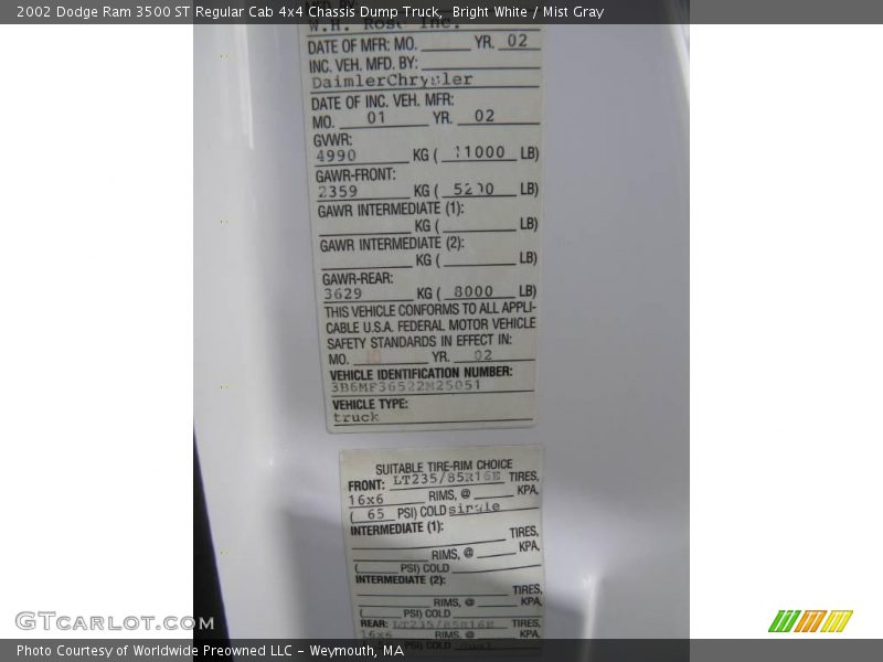 Info Tag of 2002 Ram 3500 ST Regular Cab 4x4 Chassis Dump Truck