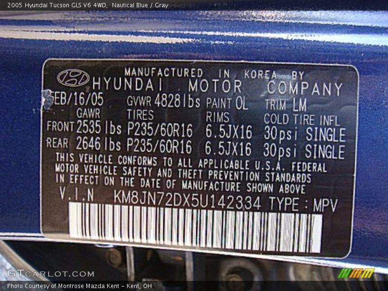 Nautical Blue / Gray 2005 Hyundai Tucson GLS V6 4WD