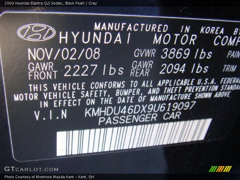 Black Pearl / Gray 2009 Hyundai Elantra GLS Sedan