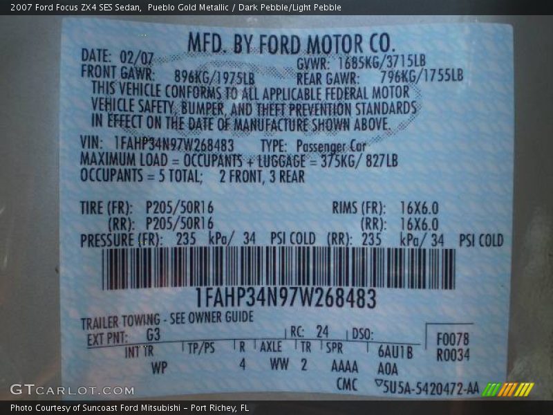 2007 Focus ZX4 SES Sedan Pueblo Gold Metallic Color Code G3