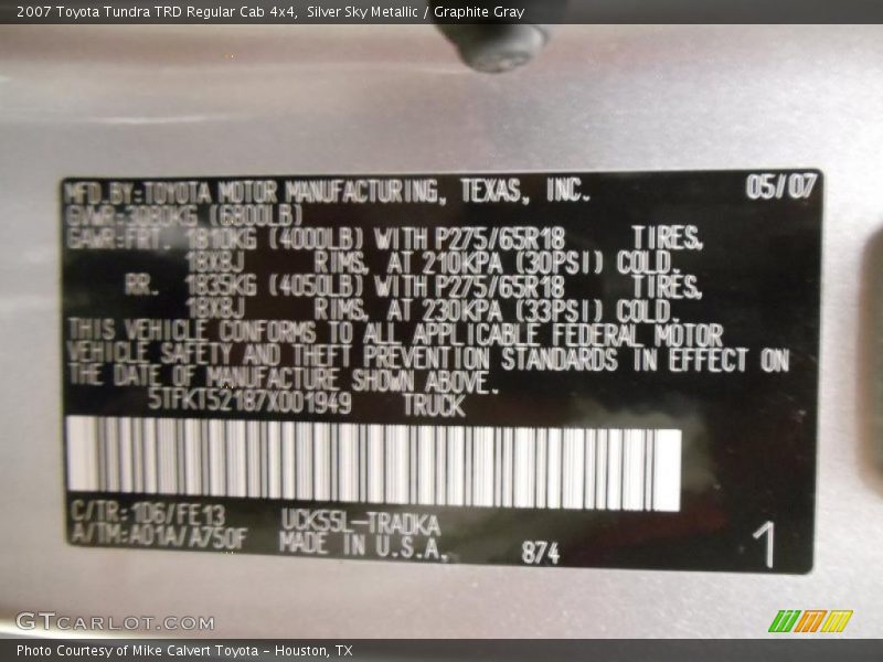 Silver Sky Metallic / Graphite Gray 2007 Toyota Tundra TRD Regular Cab 4x4