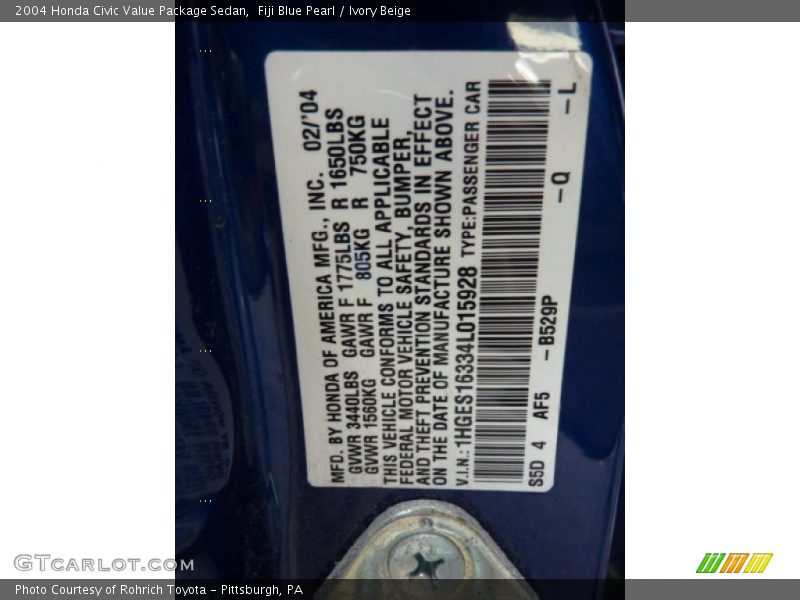 2004 Civic Value Package Sedan Fiji Blue Pearl Color Code B529P