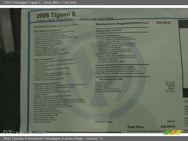  2009 Tiguan S Window Sticker