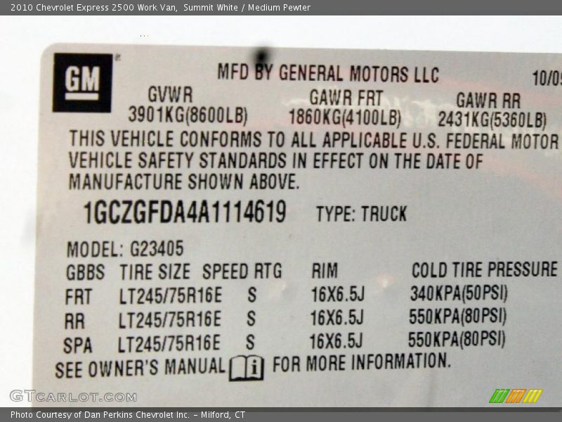 Info Tag of 2010 Express 2500 Work Van