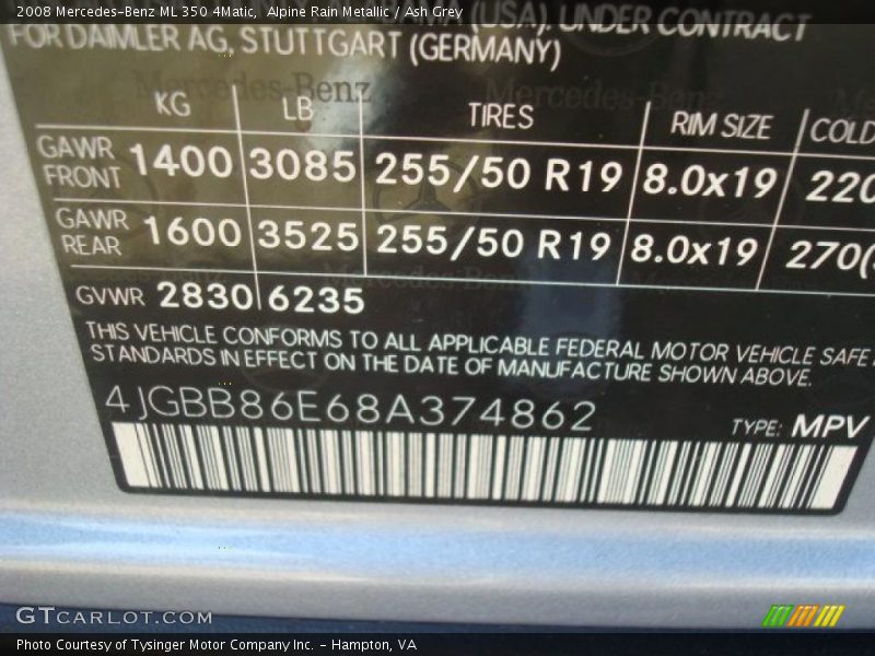 Alpine Rain Metallic / Ash Grey 2008 Mercedes-Benz ML 350 4Matic