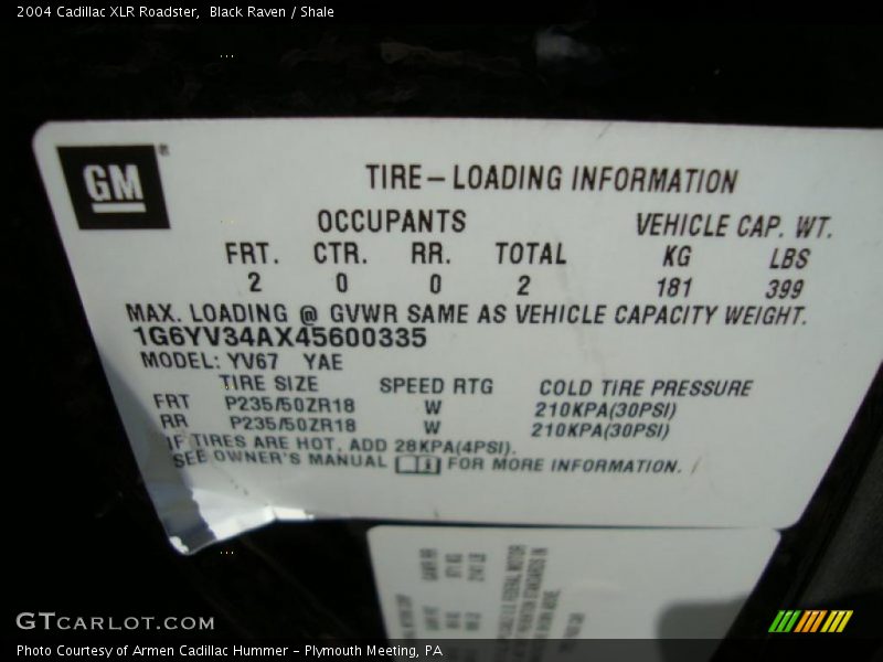 Info Tag of 2004 XLR Roadster