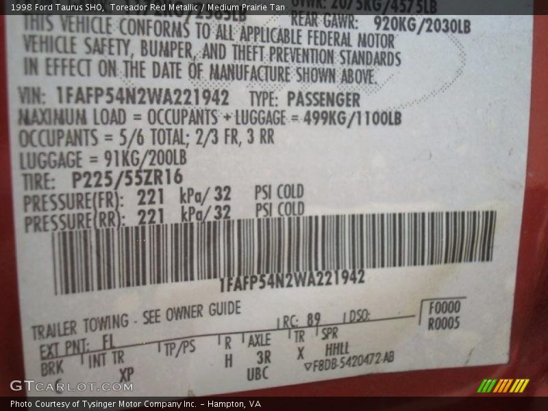 1998 Taurus SHO Toreador Red Metallic Color Code FL