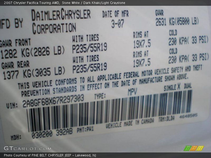 Stone White / Dark Khaki/Light Graystone 2007 Chrysler Pacifica Touring AWD