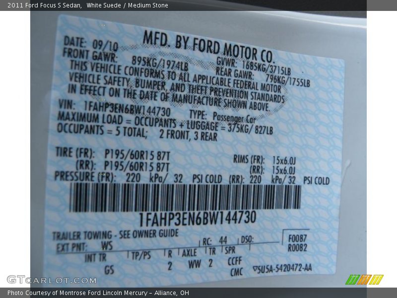 White Suede / Medium Stone 2011 Ford Focus S Sedan