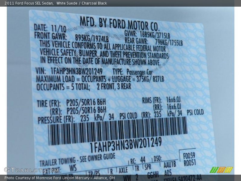 White Suede / Charcoal Black 2011 Ford Focus SEL Sedan