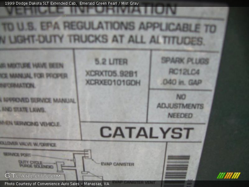 Info Tag of 1999 Dakota SLT Extended Cab