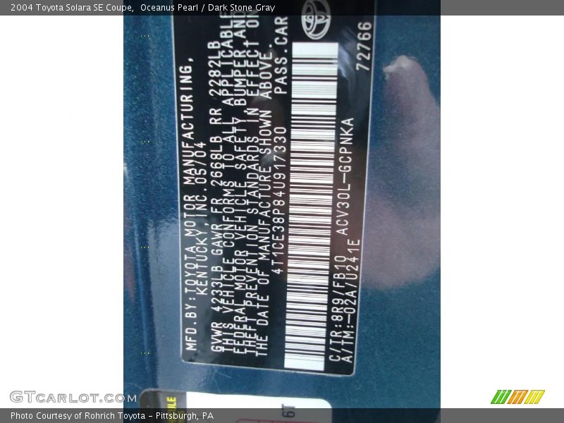 2004 Solara SE Coupe Oceanus Pearl Color Code 8R9