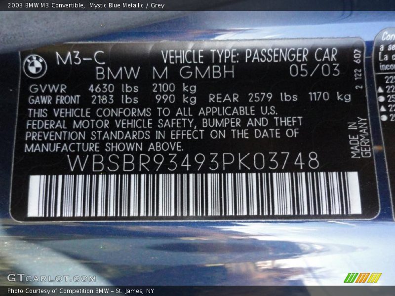Info Tag of 2003 M3 Convertible