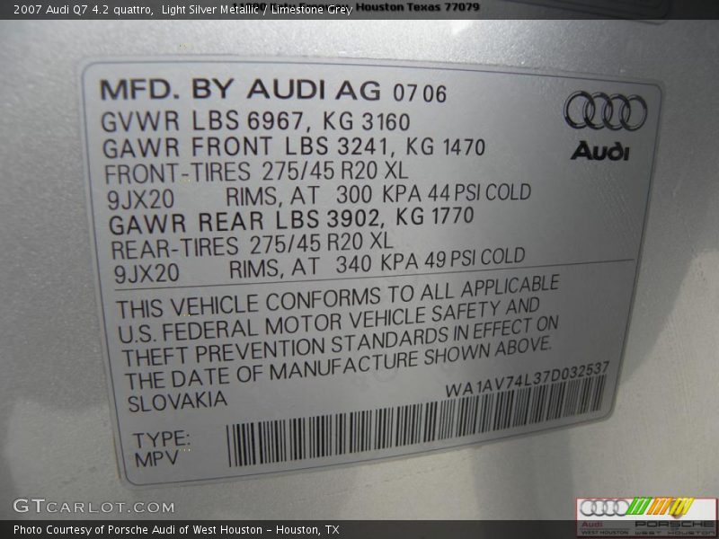 Light Silver Metallic / Limestone Grey 2007 Audi Q7 4.2 quattro
