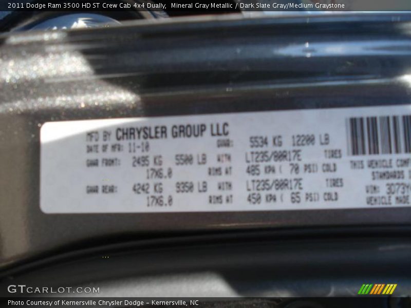 Mineral Gray Metallic / Dark Slate Gray/Medium Graystone 2011 Dodge Ram 3500 HD ST Crew Cab 4x4 Dually
