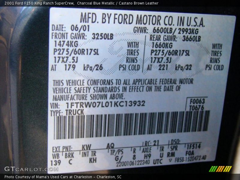 Charcoal Blue Metallic / Castano Brown Leather 2001 Ford F150 King Ranch SuperCrew