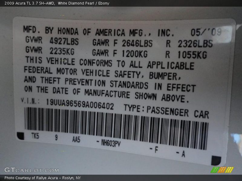 2009 TL 3.7 SH-AWD White Diamond Pearl Color Code NH603PV