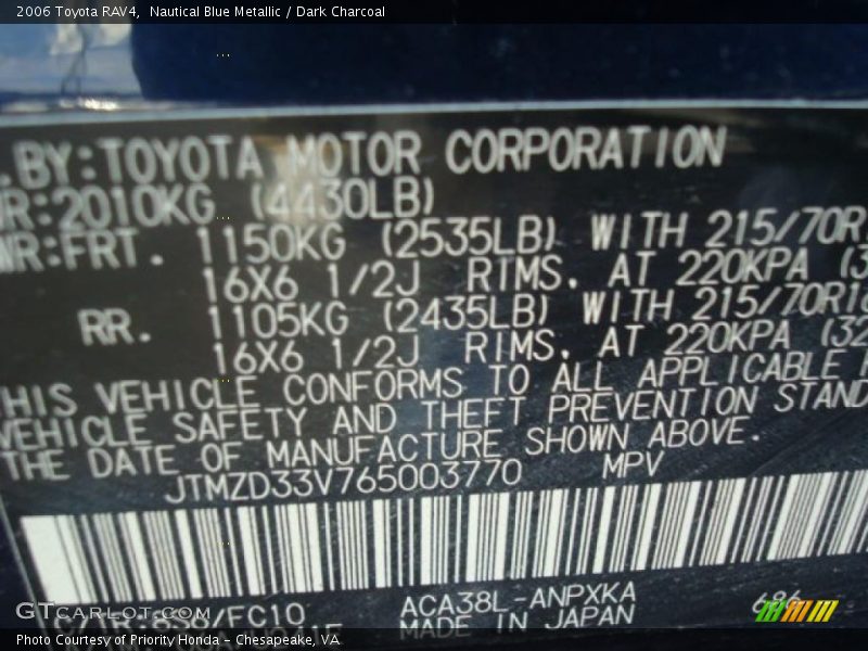 Nautical Blue Metallic / Dark Charcoal 2006 Toyota RAV4