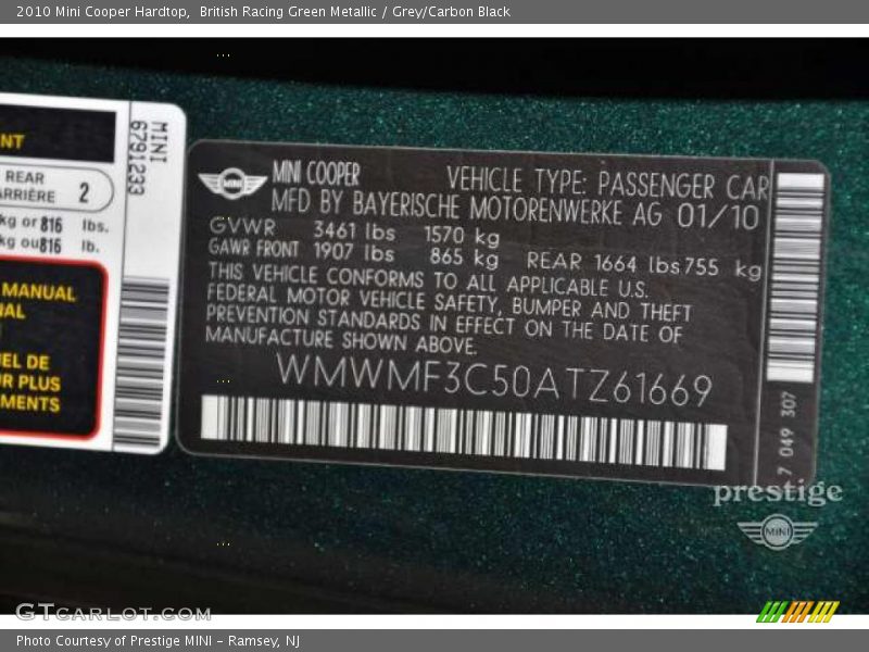 British Racing Green Metallic / Grey/Carbon Black 2010 Mini Cooper Hardtop