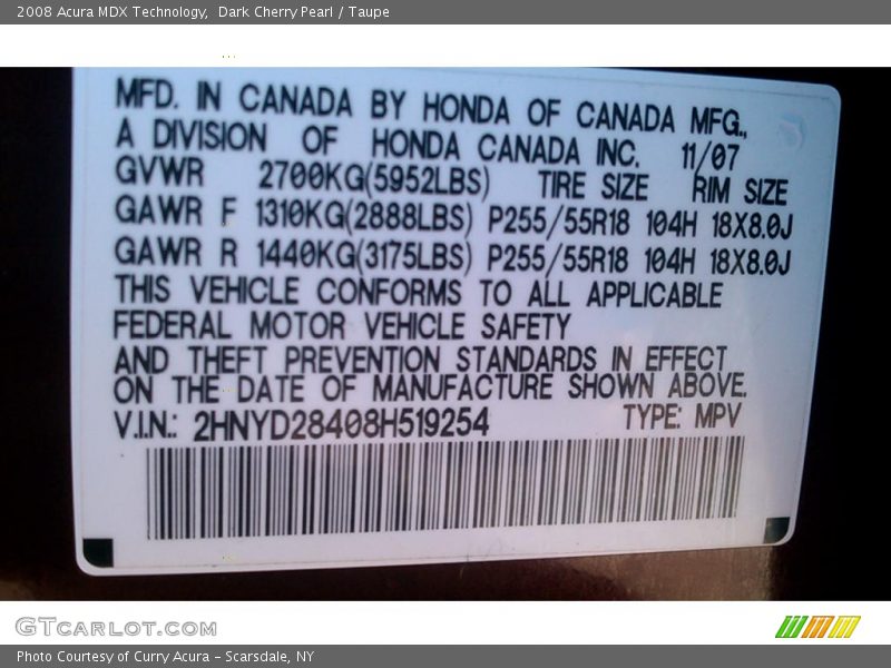 Dark Cherry Pearl / Taupe 2008 Acura MDX Technology