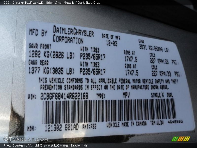 Bright Silver Metallic / Dark Slate Gray 2004 Chrysler Pacifica AWD
