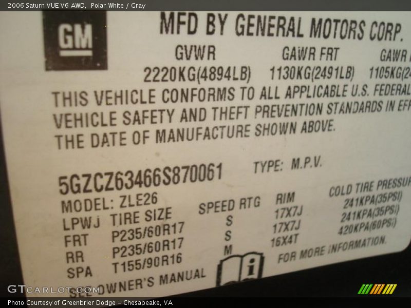 Polar White / Gray 2006 Saturn VUE V6 AWD
