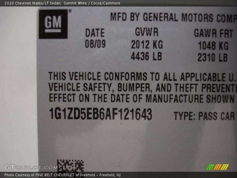 Summit White / Cocoa/Cashmere 2010 Chevrolet Malibu LT Sedan