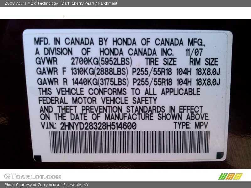 Dark Cherry Pearl / Parchment 2008 Acura MDX Technology