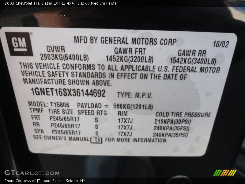 Info Tag of 2003 TrailBlazer EXT LS 4x4
