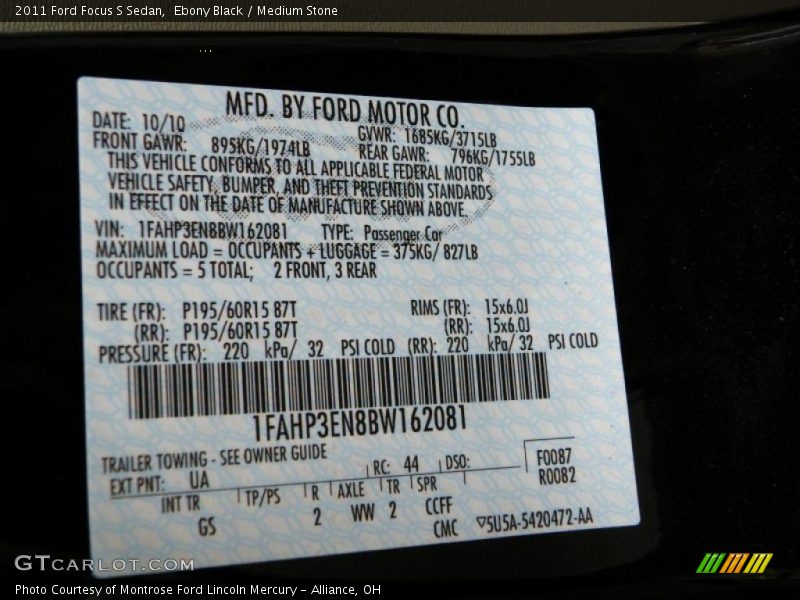 Ebony Black / Medium Stone 2011 Ford Focus S Sedan