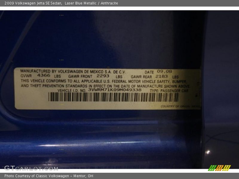 Laser Blue Metallic / Anthracite 2009 Volkswagen Jetta SE Sedan