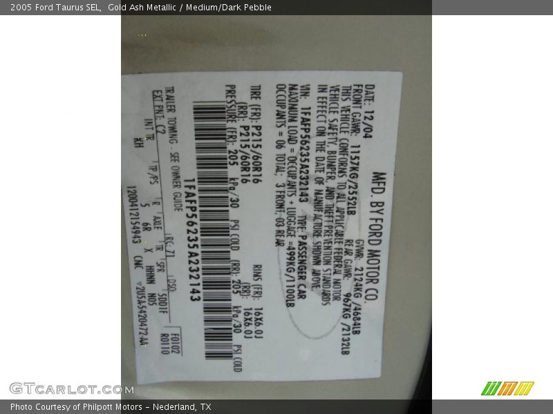2005 Taurus SEL Gold Ash Metallic Color Code C2