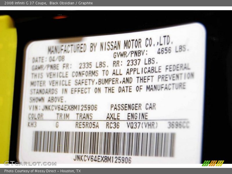 Info Tag of 2008 G 37 Coupe