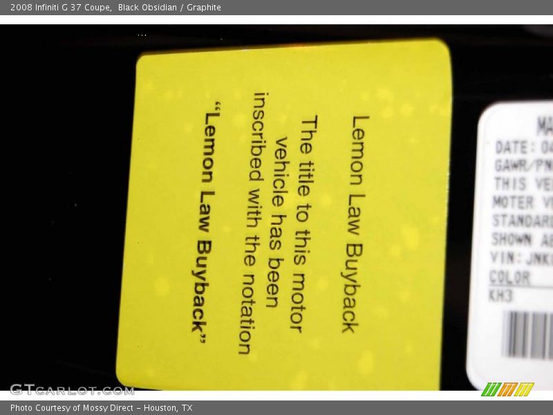 Info Tag of 2008 G 37 Coupe
